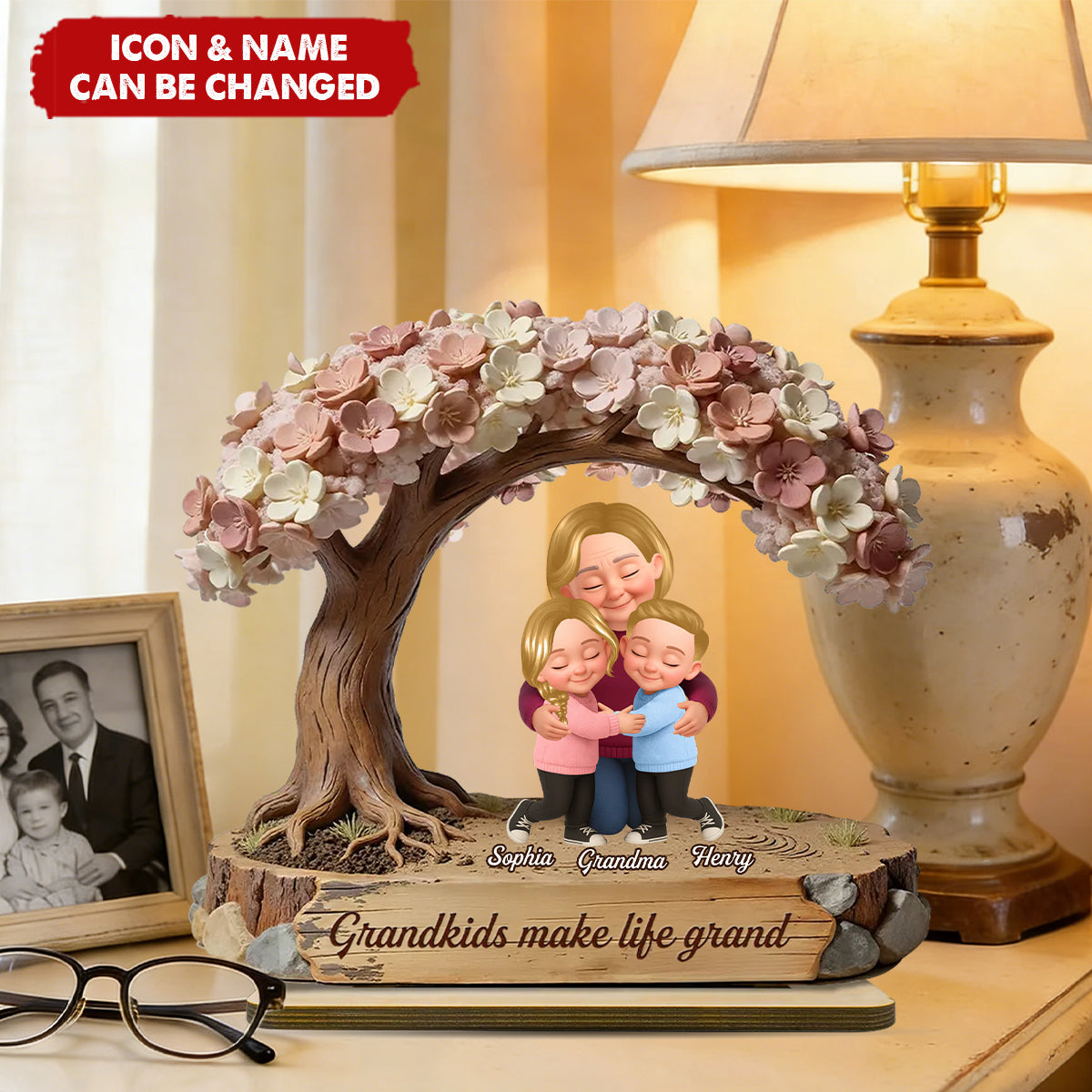 Grandma And Grandkids Under Blossom Tree - Personalized 2-Layered Wooden Plaque - Gift For Mom