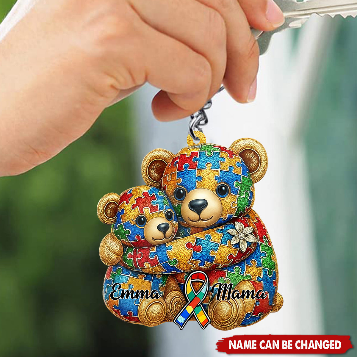 Bear Mom And Kid Personalized 2D Autism Awareness Acrylic Family Keychain