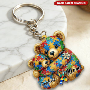 Bear Mom And Kid Personalized 2D Autism Awareness Acrylic Family Keychain