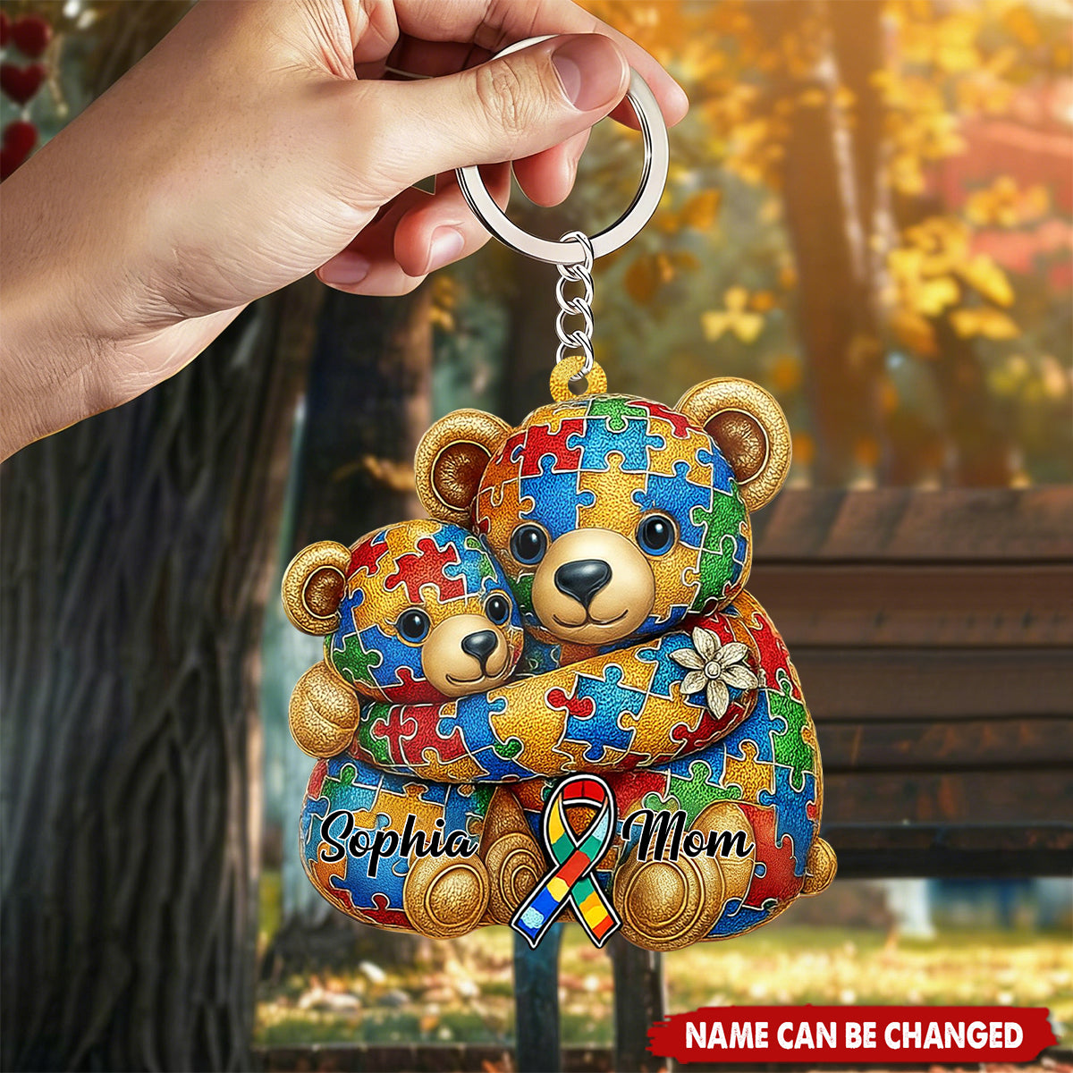 Bear Mom And Kid Personalized 2D Autism Awareness Acrylic Family Keychain