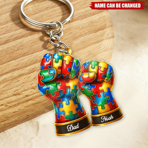 Colorful Puzzle Fist Dad And Kid Personalized Autism Awareness Keychain