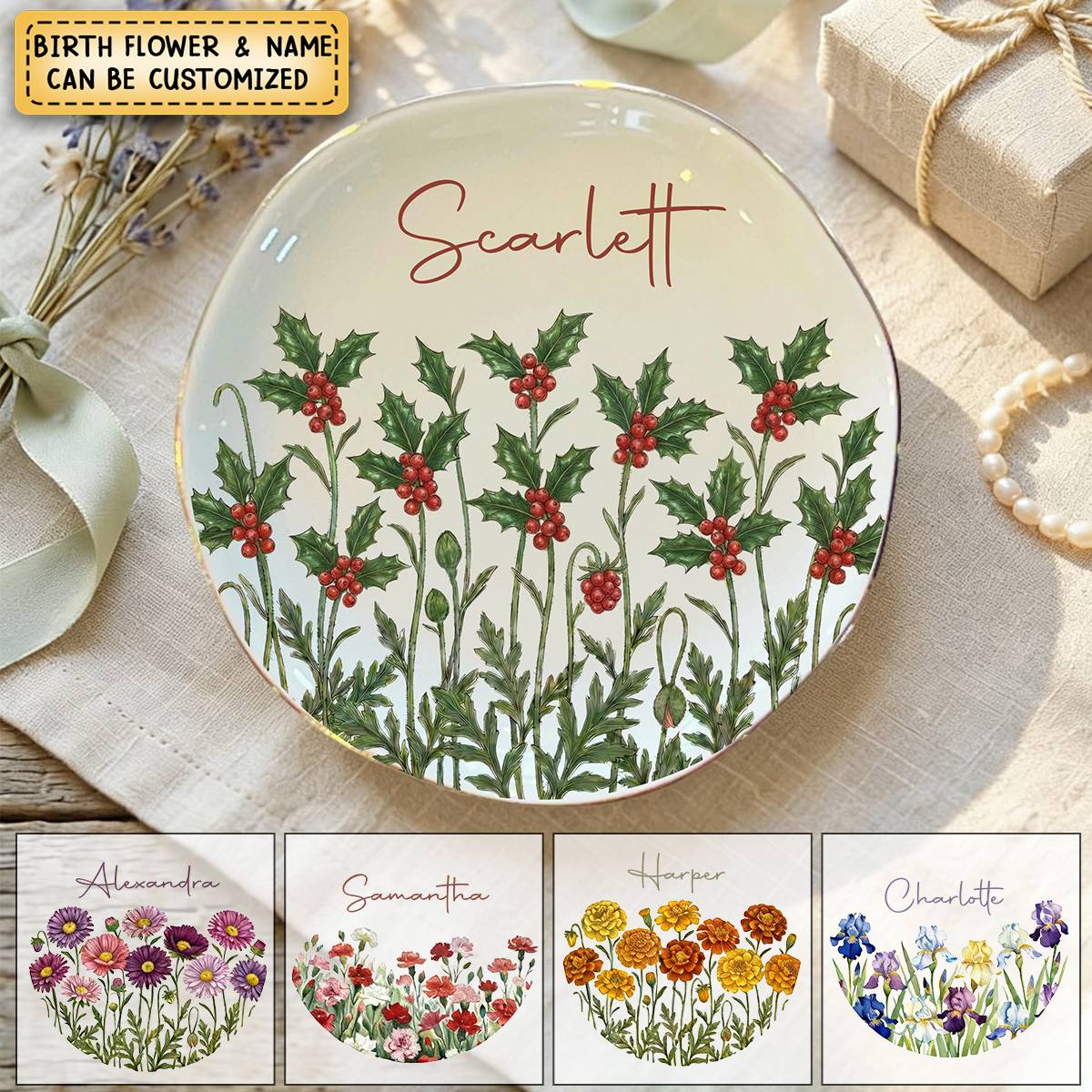 Custom Name Watercolor Birth Month Flower - Personalized Jewelry Dish