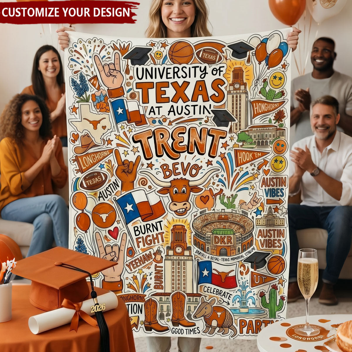 Doodle Party Style Dorm Throw - Personalized College Campus Graffiti Blanket, Graduation Gift for Students