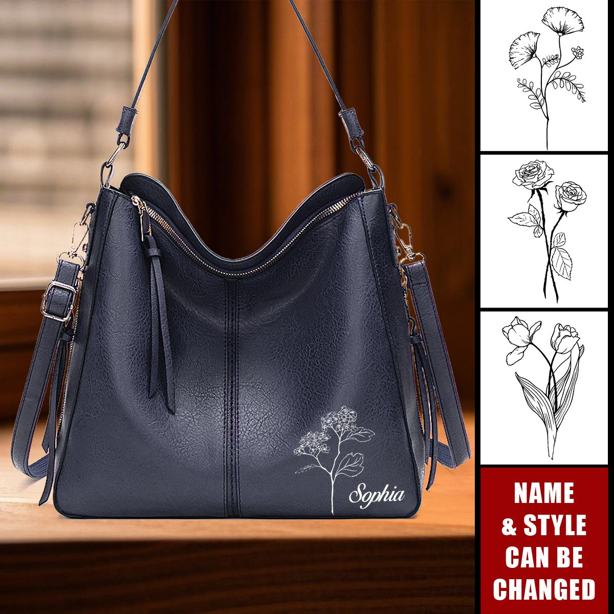 Personalized Name Flower Leather Hobo Bag Shoulder Satchel Crossbody Handbag