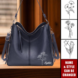 Personalized Name Flower Leather Hobo Bag Shoulder Satchel Crossbody Handbag