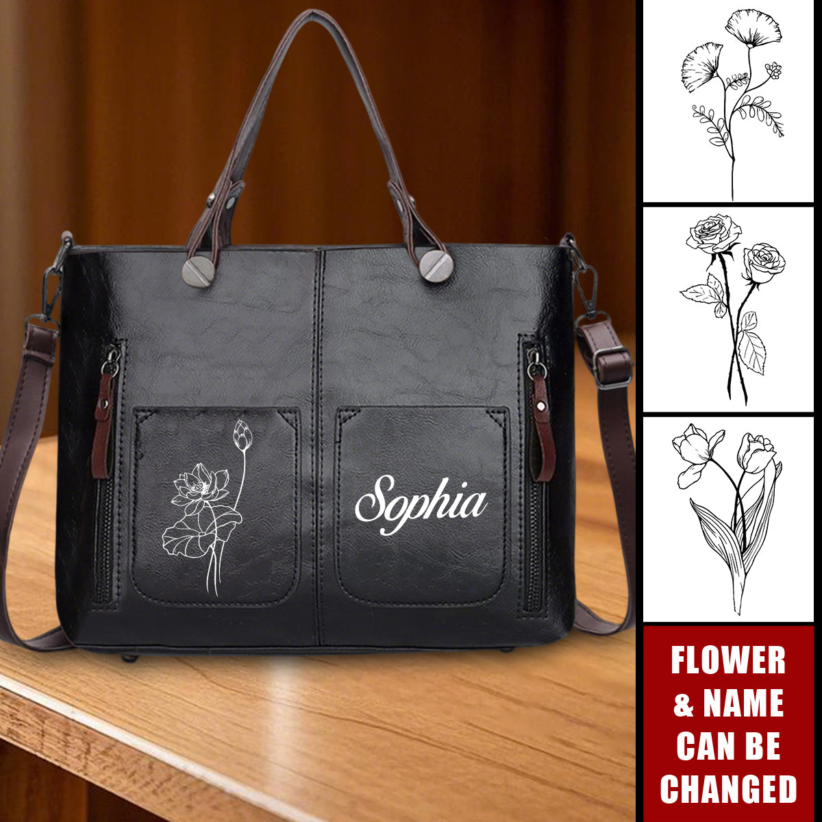 Personalized Name Birthday Flower Leather Hobo Shoulder Bag Crossbody Handbag