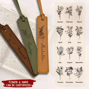 Personalized Leather Bookmark for Women - Custom Name Bookmark with Birth Month Flower for Book Lover Gift