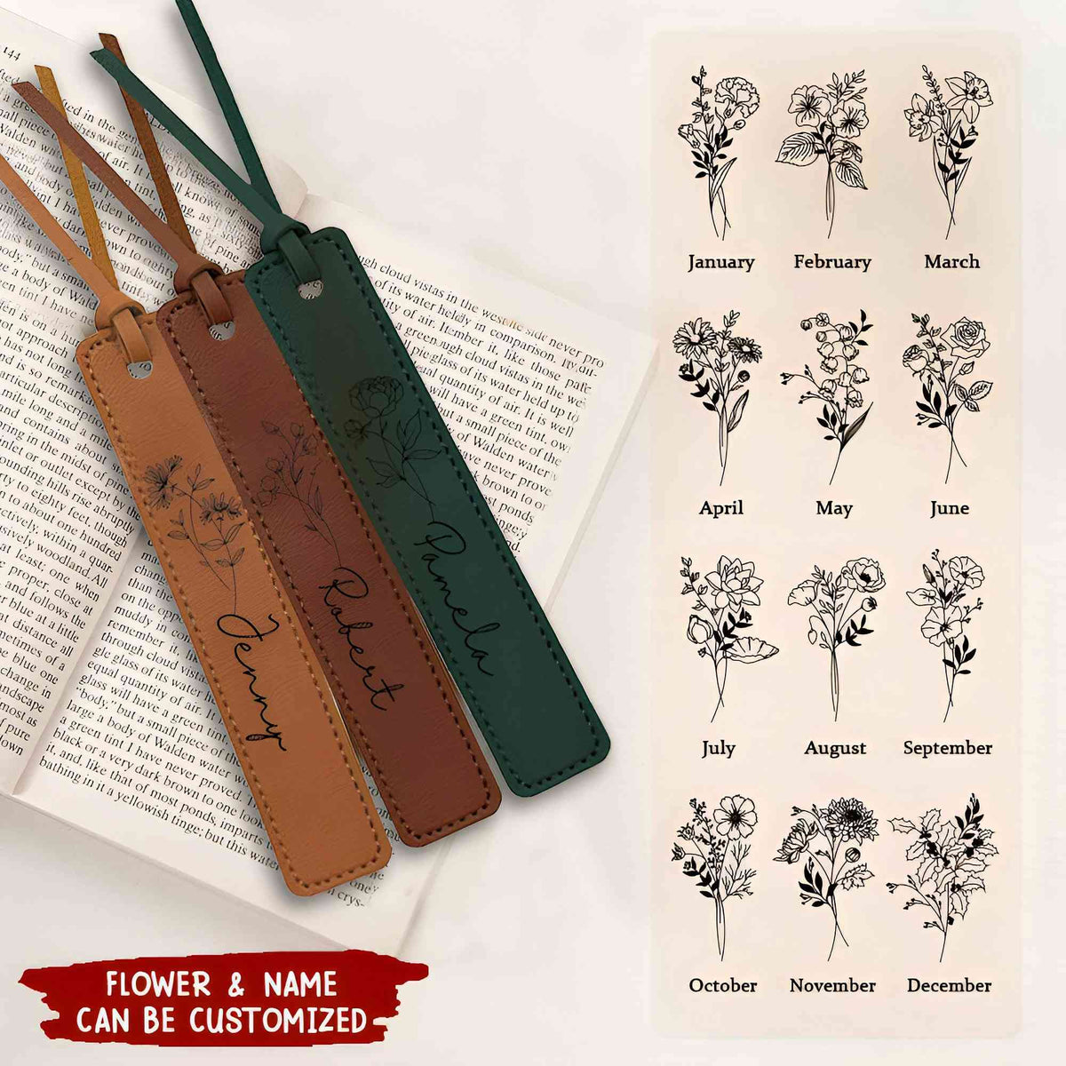 Personalized Leather Bookmark for Women - Custom Name Bookmark with Birth Month Flower for Book Lover Gift
