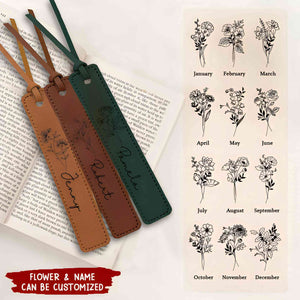 Personalized Leather Bookmark for Women - Custom Name Bookmark with Birth Month Flower for Book Lover Gift