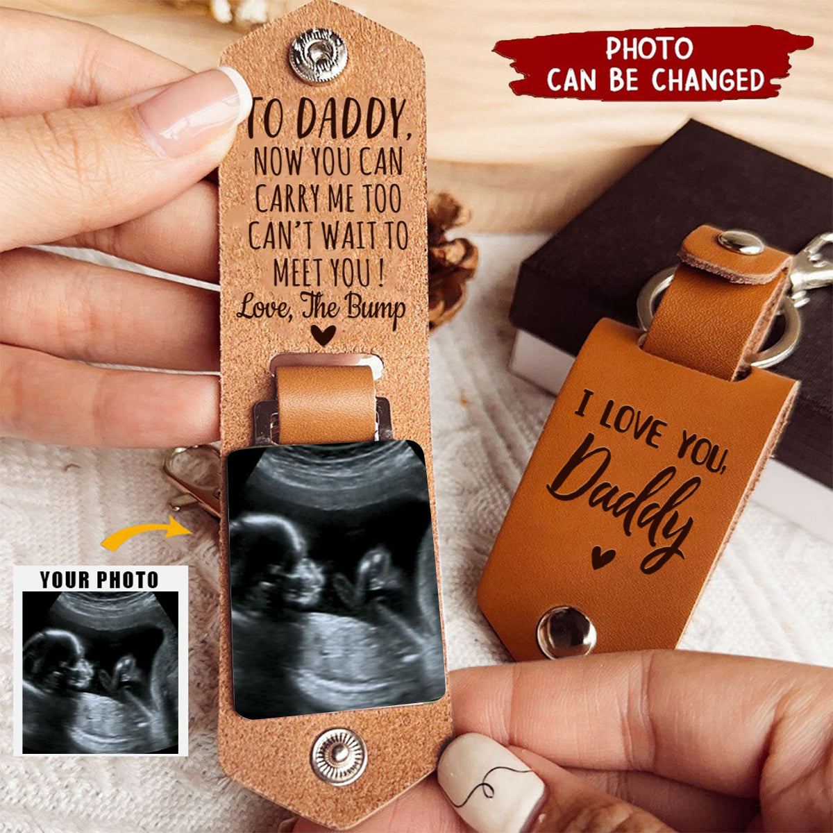 Daddy Can't Wait To Meet You From The Bump - Personalized Leather Photo Keychain